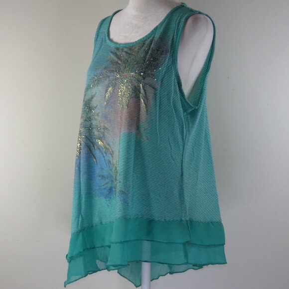 Cato Women's Green & White Striped Tank Top with Palm Trees Size L (C1641) - Picture 4 of 7